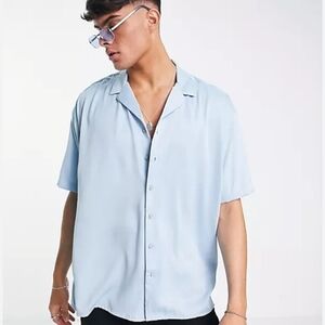 New Look oversized short sleeve satin shirt in light blue